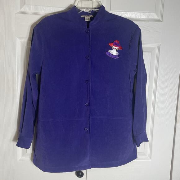 Vintage 90s Notations Jacket Women Medium Purple Red Hat Lady Button Front Top - Picture 1 of 12
